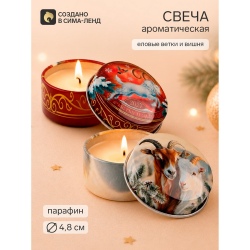 Свеча ароматическая, в железной банке, набор 2 шт.«Символ года 2027» еловые ветки и вишня
